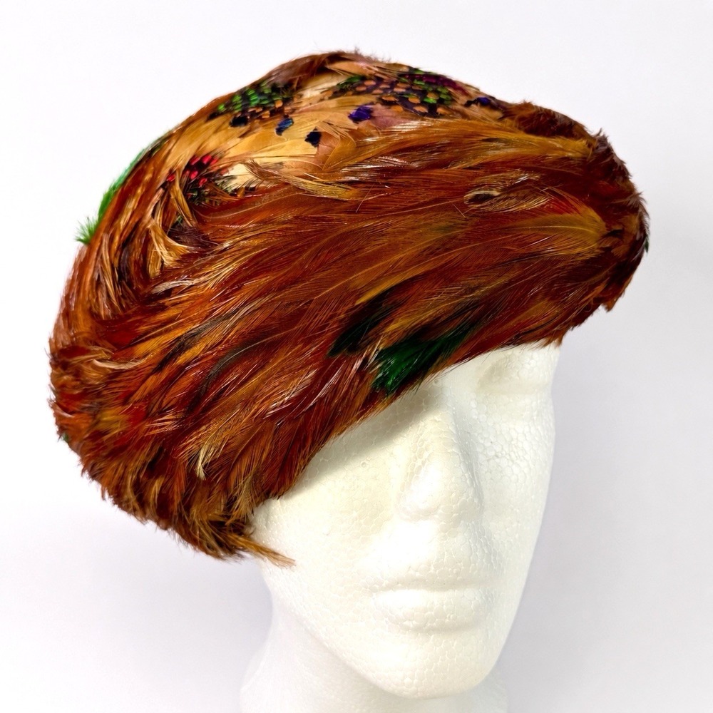 VTG Gene Doris New York Fheasant Feather Tilt Hat Union Made USA MCM Cocktail